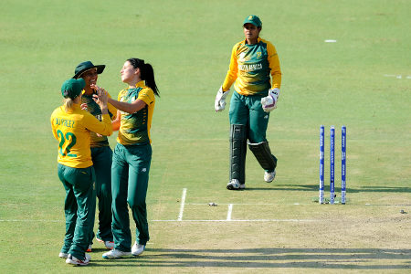 Marizanne Kapp of South Africa celebrates the wicket of Chamari Atapattu of Sri Lanka