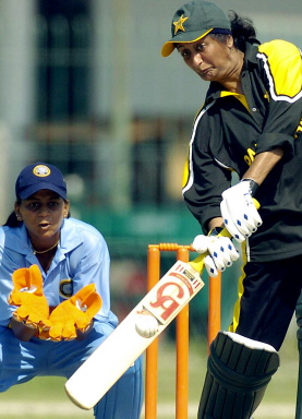 Shamsa Hashmi tries to play a lofted off-drive