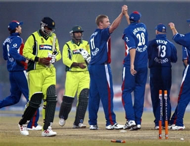 Andrew Flintoff celebrates after taking a wicket