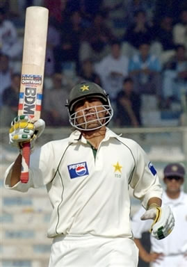 Younis Khan raises his bat