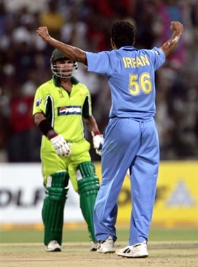 Irfan Pathan celebrates the dismissal of Imran Farhat