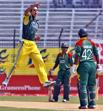 Johnson leaps in the air after taking a wicket