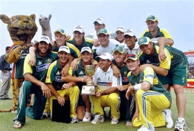 Australian cricket team pose with the winning trophy