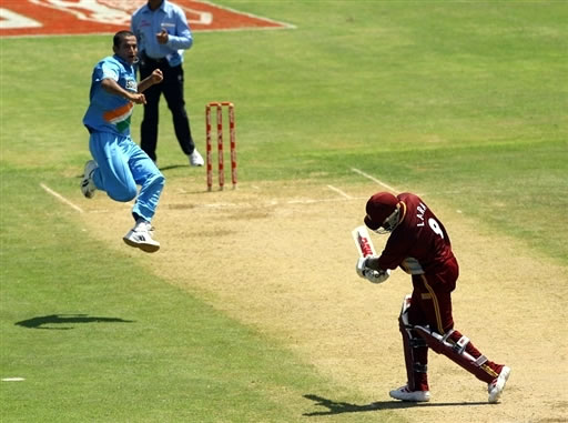 Pathan celebrates Lara's wicket