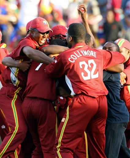 West Indies players celebrate after winning the match