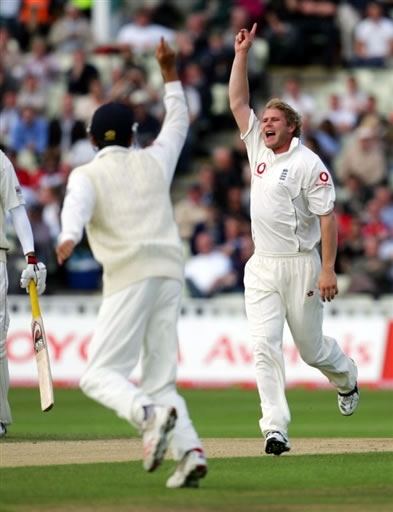 Hoggard celebrates after taking a wicket