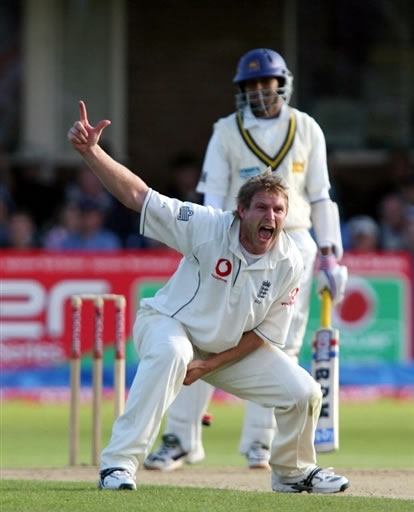 Hoggard celebrates the wicket of Dilshan