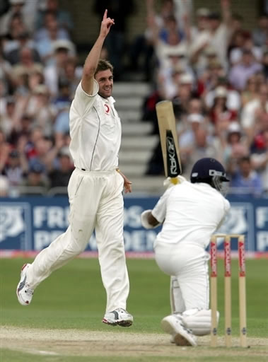 Plunkett celebrates after taking a wicket